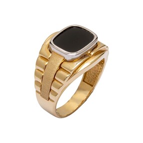 14 Ayar Siyah Taşlı Tasarım Altın Erkek Yüzük - Thumbnail