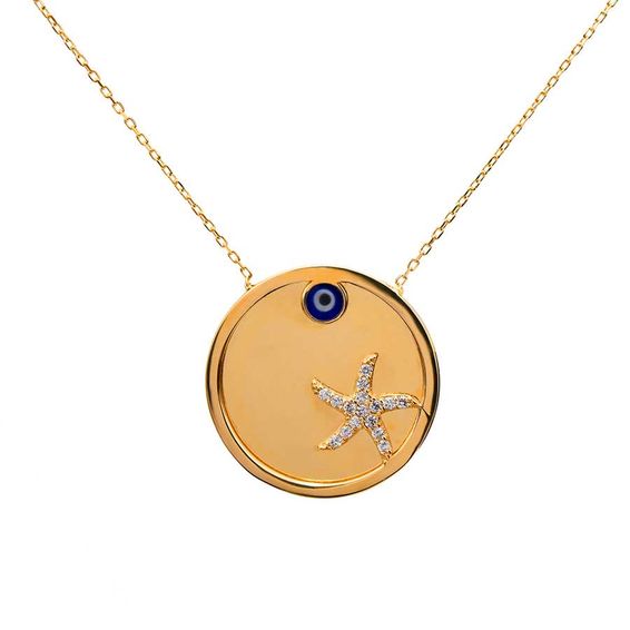Mücevher Dünyası - 14 Ayar Taşlı Deniz Yıldızı Nazar Boncuklu Altın Kolye