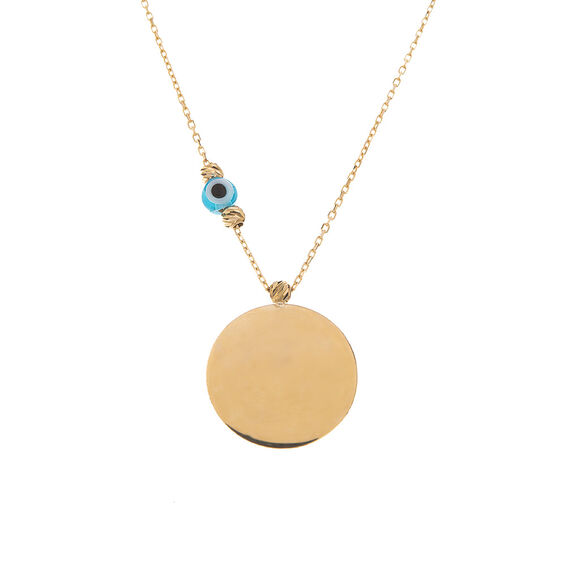Mücevher Dünyası - 14 Ayar Dorika Taşlı Nazar Boncuklu Yuvarlak Plaka Altın Kolye