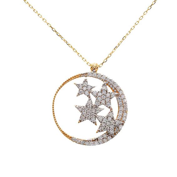 Mücevher Dünyası - 14 Ayar Taşlı Dört Yıldızlı Ayyıldız Altın Kolye