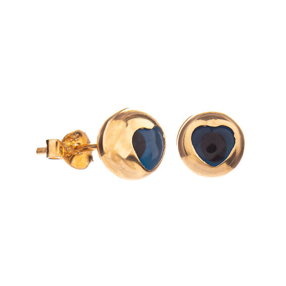 Mücevher Dünyası - 14 Ayar Mavi Taşlı Kalpli Top Altın Küpe
