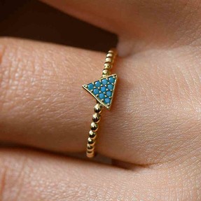 14 Ayar Mavi Taşlı Üçgen Altın Yüzük | Mücevher Dünyası - Thumbnail