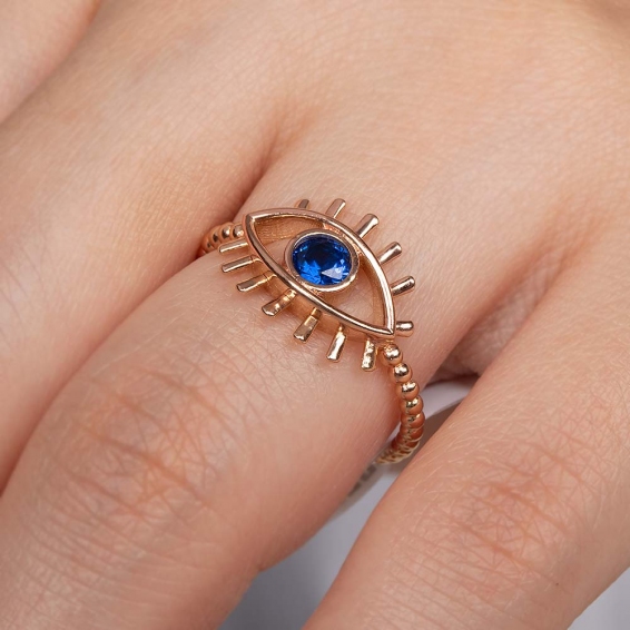Mücevher Dünyası - 14 Ayar Mavi Quartz Taşlı Kirpik Göz Gözü Altın Yüzük - 15