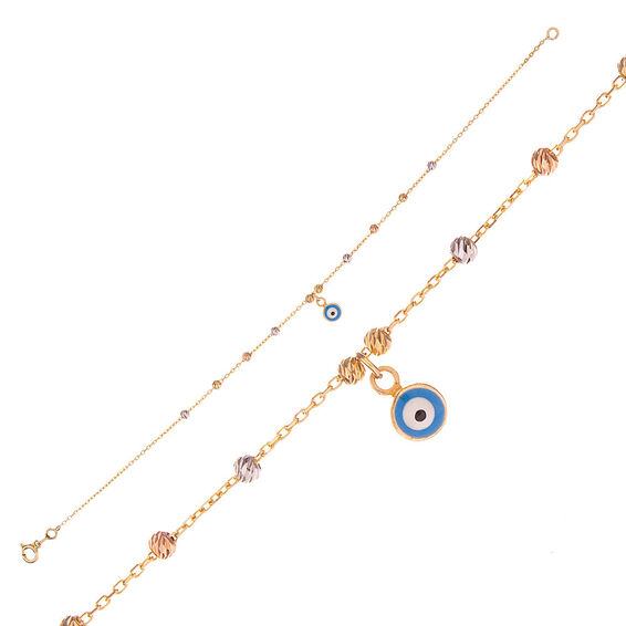 Mücevher Dünyası - 14 Ayar Taşlı Dorika Nazar Boncuklu Altın Bileklik - 18 Cm.