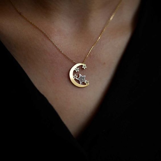 Mücevher Dünyası - 14 Ayar Taşlı Ayyıldız Altın Kolye