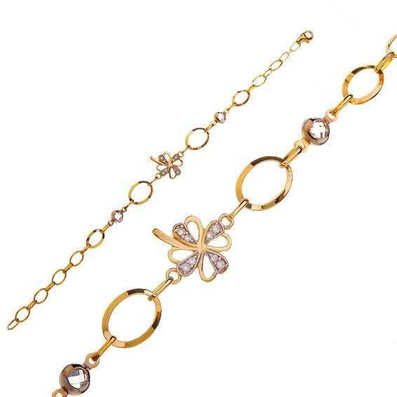 Mücevher Dünyası - 14 Ayar Taşlı Çiçek Desenli Halka Altın Bileklik - 18,5 Cm.