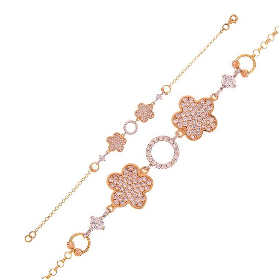 Mücevher Dünyası - 14 Ayar Taşlı Çiçek Dorika Altın Bileklik - 19 Cm.