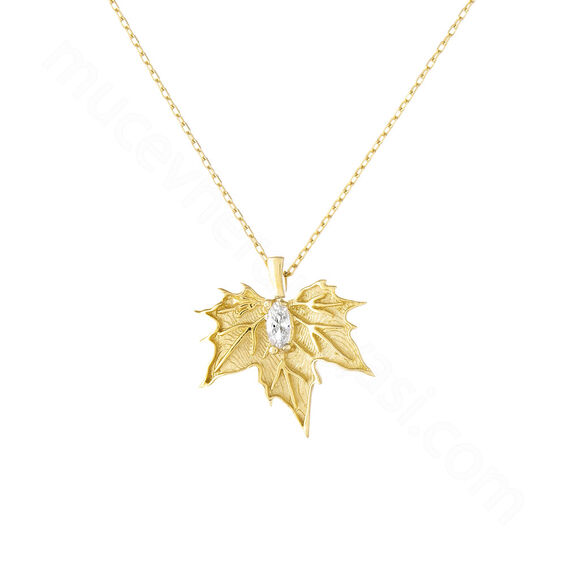 Mücevher Dünyası - 14 Ayar Taşlı Çınar Yaprağı Altın Kolye
