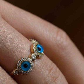 14 Ayar Taşlı Mavi Boncuklu Altın Yüzük | Mücevher Dünyası - 16 - Thumbnail