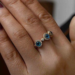 14 Ayar Taşlı Mavi Boncuklu Altın Yüzük | Mücevher Dünyası - 16 - Thumbnail