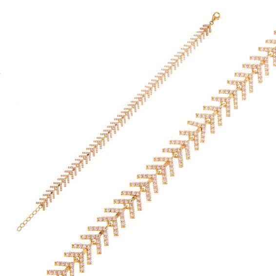 Mücevher Dünyası - 14 Ayar Taşlı Şerit Altın Bileklik - 20 Cm.