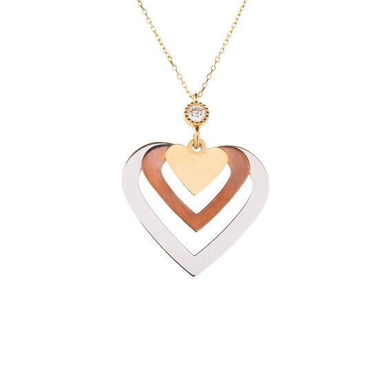 Mücevher Dünyası - 14 Ayar Taşlı Üç Renkli Kalp Altın Kolye