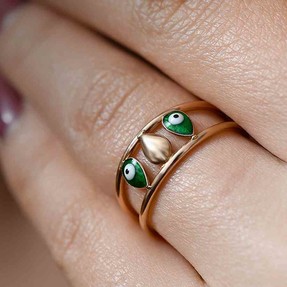 14 Ayar Yeşil Nazar Altın Yüzük | Mücevher Dünyası - 14 - Thumbnail