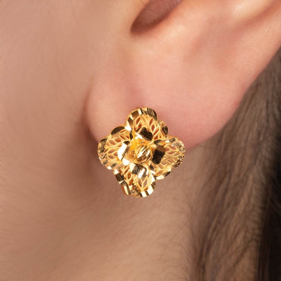 Mücevher Dünyası - 22 Ayar Altın Dorikalı Çiçek Desenli Küpe - 3,60 Gr.