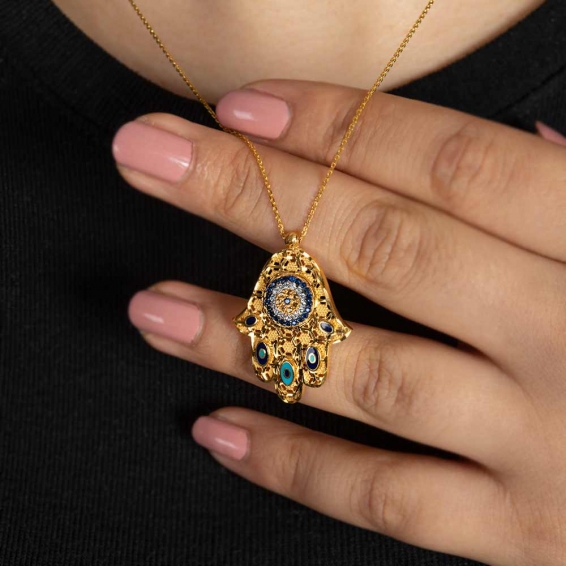 Mücevher Dünyası - 22 Ayar Altın Taşlı Fatma Ananın Eli Hamsa Kolye - 6,81 Gr. - 46 Cm.