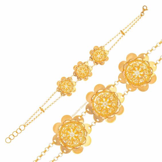 Mücevher Dünyası - 22 Ayar Çiçek Desenli Altın Bileklik - 11,61 Gr.