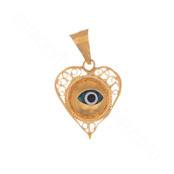 Mücevher Dünyası - 22 Ayar Kalpli Nazar Boncuklu Altın Kolye Ucu - 1,71 Gr.