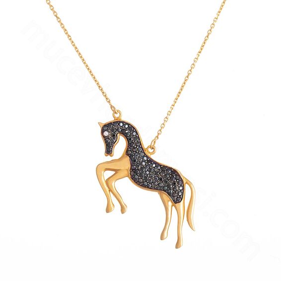 Mücevher Dünyası - 22 Ayar Siyah Taşlı At Altın Kolye - 5,69 Gr.