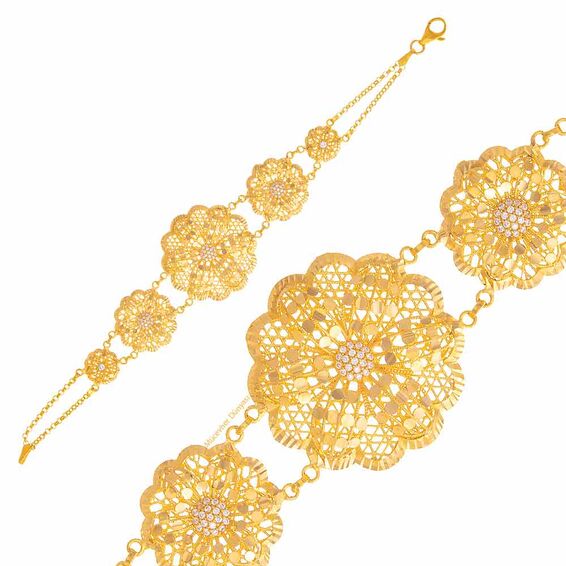 Mücevher Dünyası - 22 Ayar Taşlı Çiçek Desenli Altın Bileklik - 21,51 Gr.