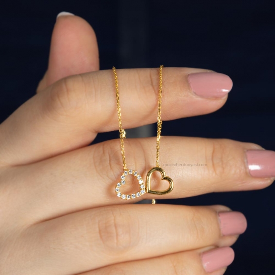 Mücevher Dünyası - 22 Ayar Taşlı Çift Kalp Altın Kolye - 3,41 Gr.