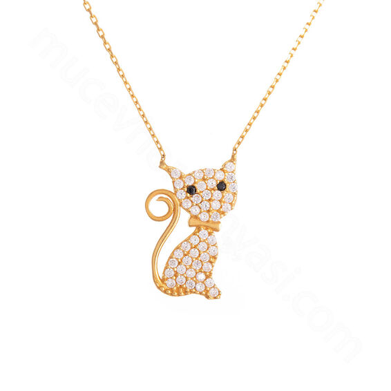 Mücevher Dünyası - 22 Ayar Taşlı Kedi Altın Kolye - 3,68 Gr.