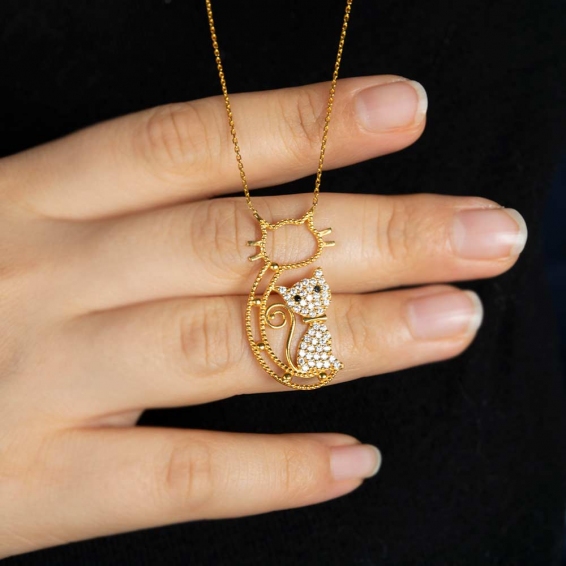 Mücevher Dünyası - 22 Ayar Taşlı Kedili Tasarım Altın Kolye - 5,99 Gr.