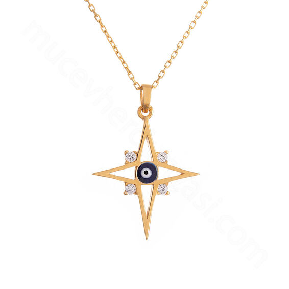 Mücevher Dünyası - 22 Ayar Taşlı Nazar Boncuklu Yıldız Altın Kolye - 2,70 Gr.