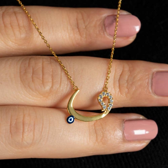 Mücevher Dünyası - 22 Ayar Taşlı Nazar Boncuklu Vav Altın Kolye - 3,56 Gr. - 42 Cm.