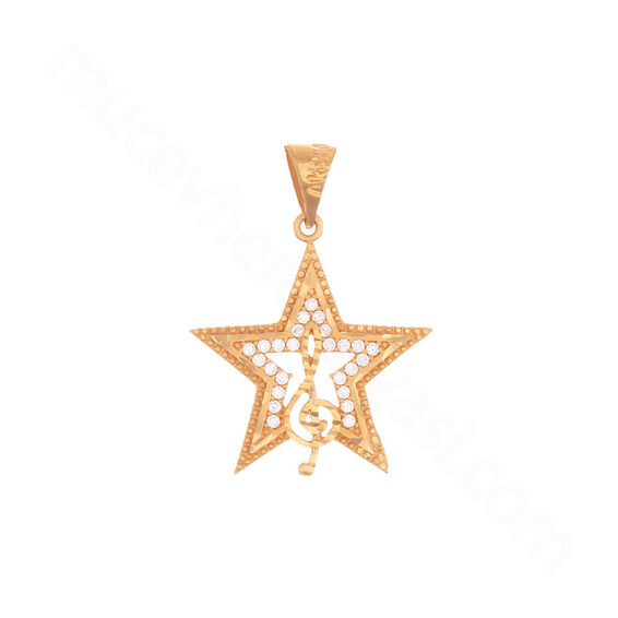 Mücevher Dünyası - 22 Ayar Taşlı Yıldız ve Sol Anahtarı Altın Kolye Ucu - 2,19 Gr.