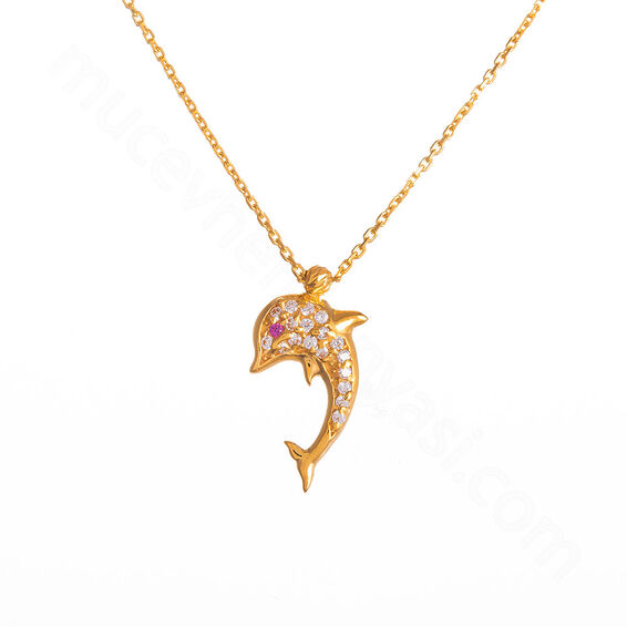 Mücevher Dünyası - 22 Ayar Taşlı Yunus Balığı Altın Kolye - 3,51 Gr.